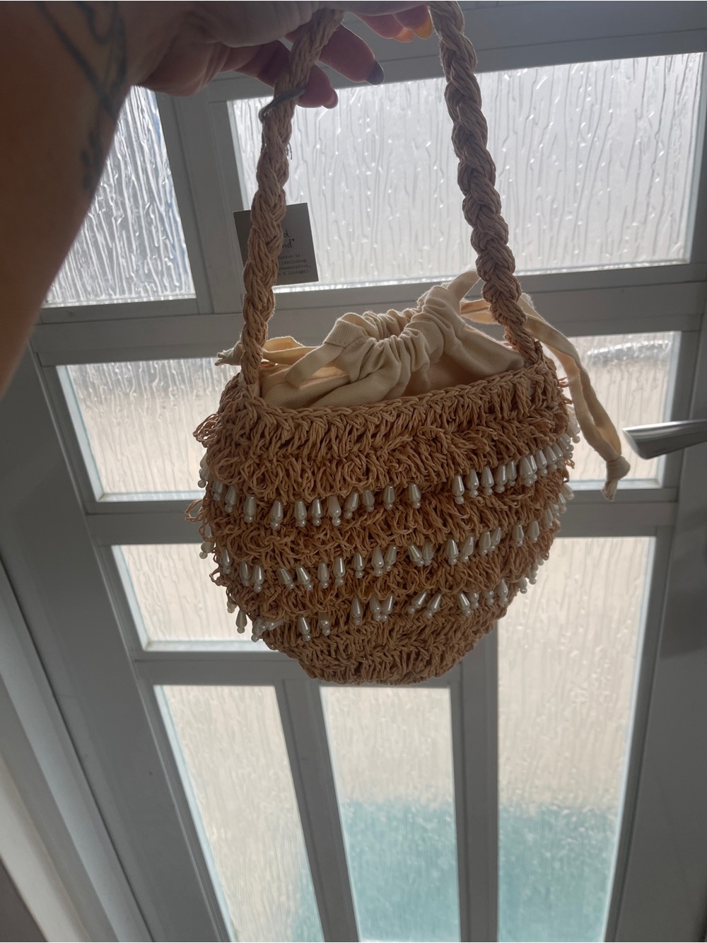A new day Beige Woven Hand Bucket Bag with Pearl Trim